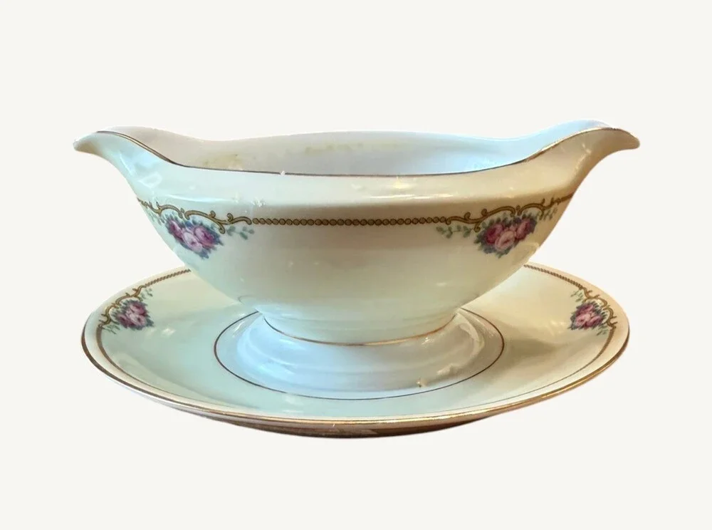 Vintage Thomas Bavaria Lakewood Gravy Boat Attached Underplate Floral Gold 7.25